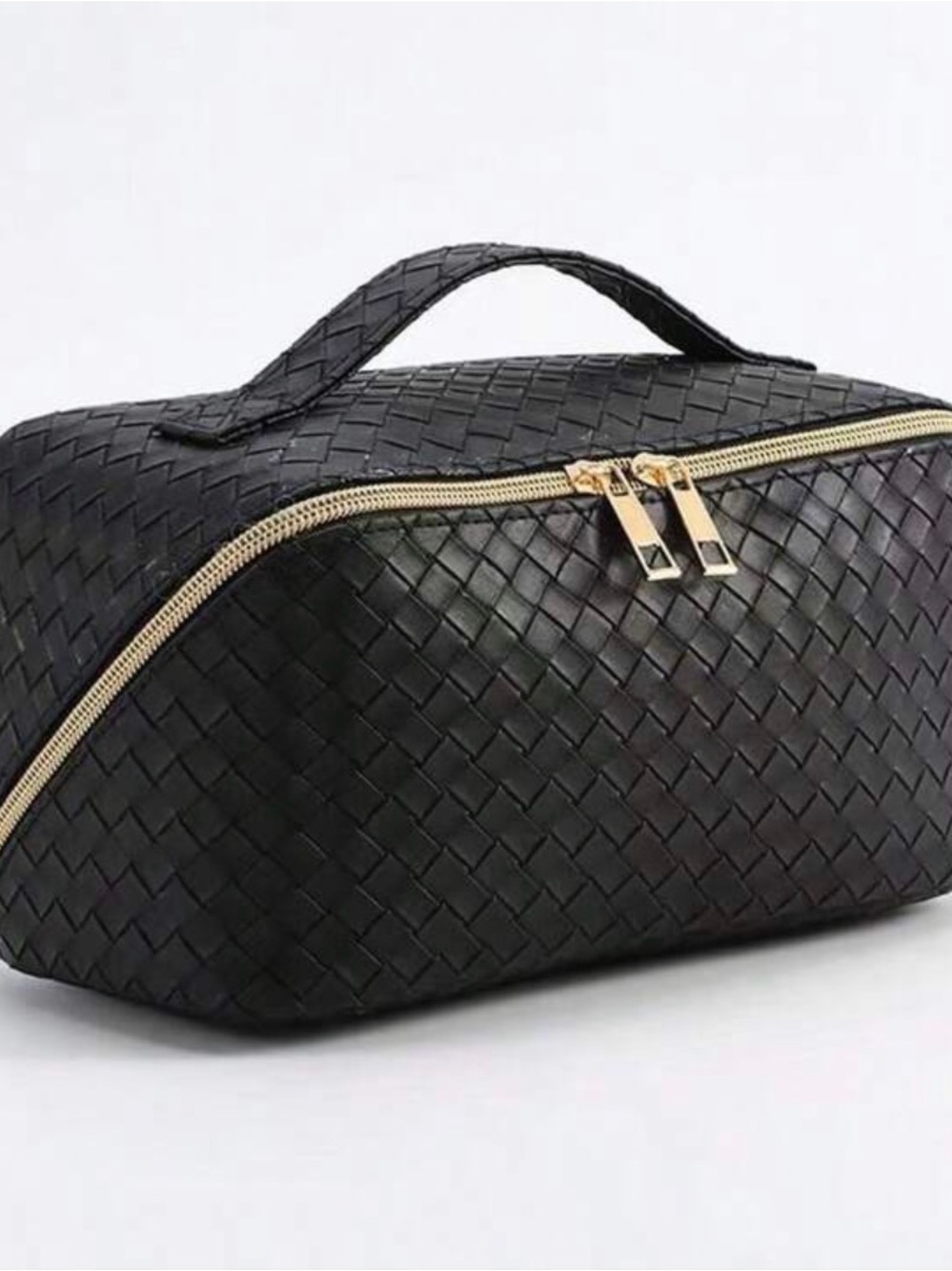 NEW COSMETICS large capacity Woven Black Travel Toiletry Bag with Gold Zip
